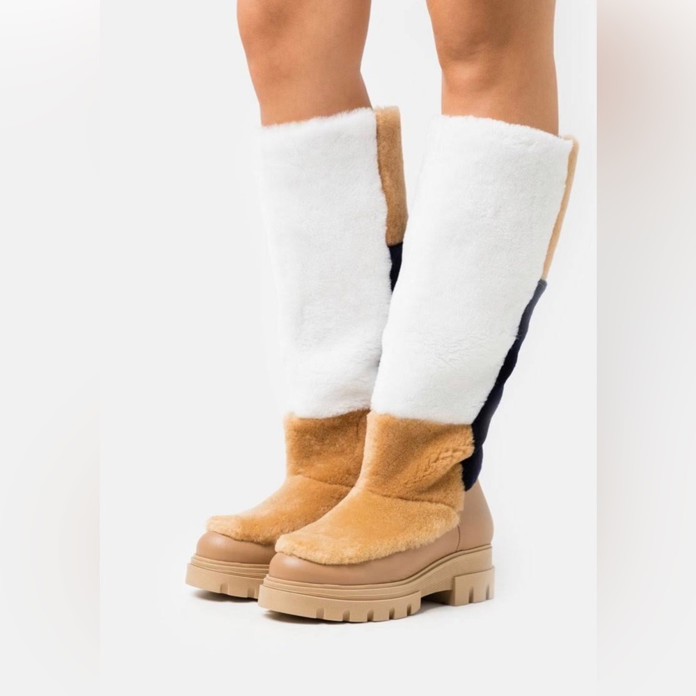 Women’s Two-Tone Faux Fur Tall Boots - White & Tan